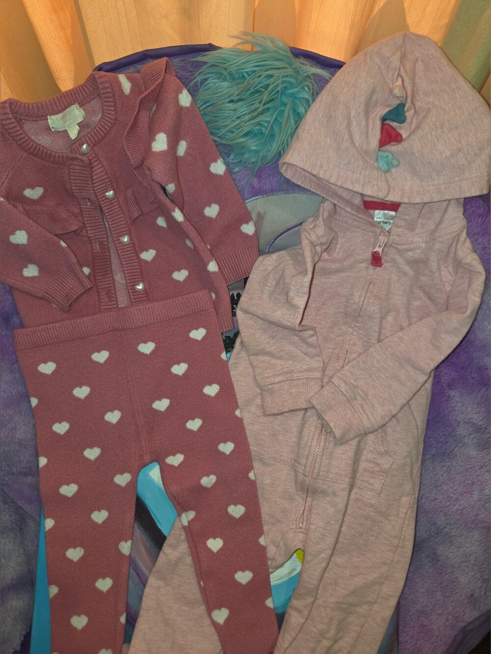 Pink Dinosaur Hooded Jumpsuit And Pink & White Heart Set Btween Baby